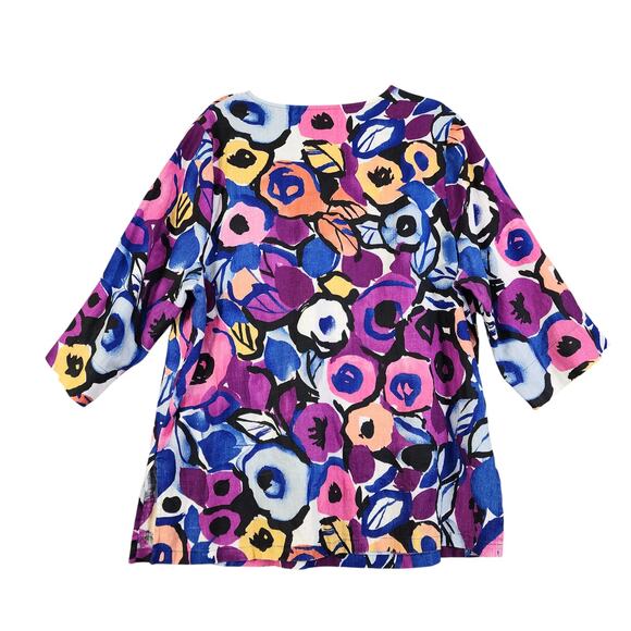 Hot Cotton Womens Linen Tunic Top Plus Size 1X Bright Watercolor Orchid Print - Picture 4 of 11